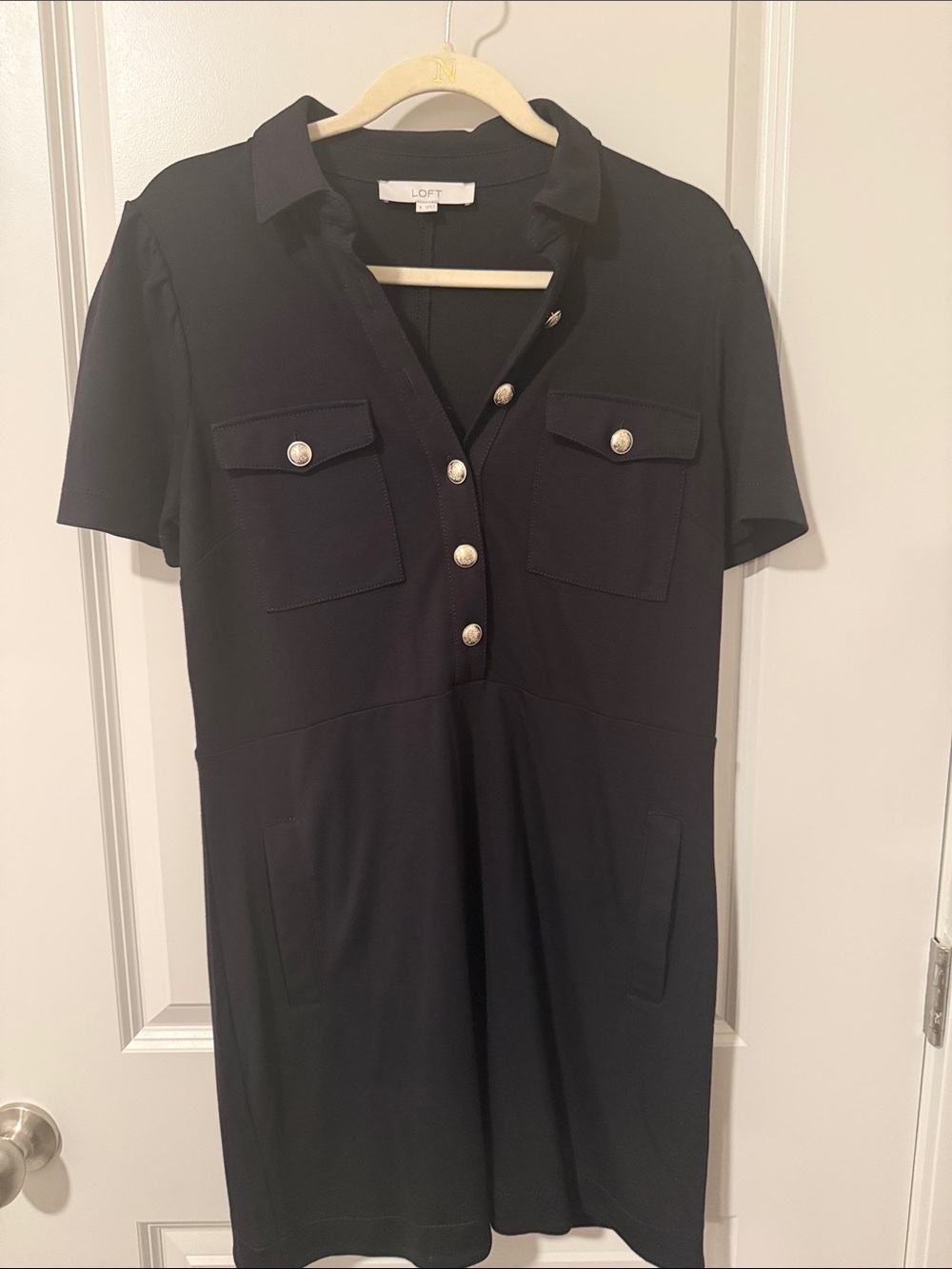 LOFT Black Short-Sleeve gold Button Front Shirt Dress